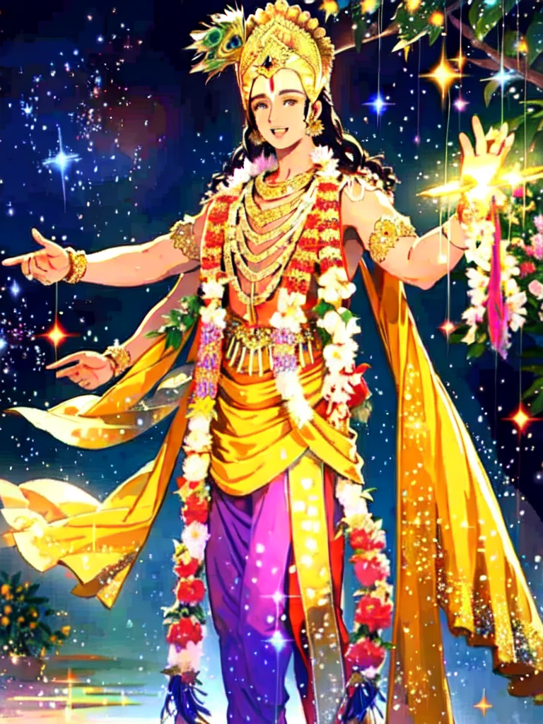 Realistic image,1boy, srj as krishna, golden crown with peacock feather, flower garland, handsome face, standing tall and handsome, charismatic face, colorful flower garden behind, smile, golden costume, sparkle background, 