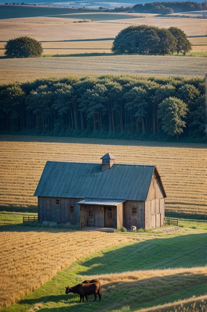 In the image described, the mid-40s man appears deeply connected to his surroundings. His weathered denim overalls and faded plaid shirt reflect years spent working in the fields, as his hands carefully tend to the golden wheat stalks. The vastness of the field stretches out to the horizon, bathed in the warm light of the midday sun, which casts long shadows across the ground. In the distance, a rustic barn stands amidst a few cows peacefully grazing, adding to the tranquil rural atmosphere under a clear blue sky adorned with fluffy white clouds. The scene captures a moment of quiet diligence and the timeless beauty of agricultural life.