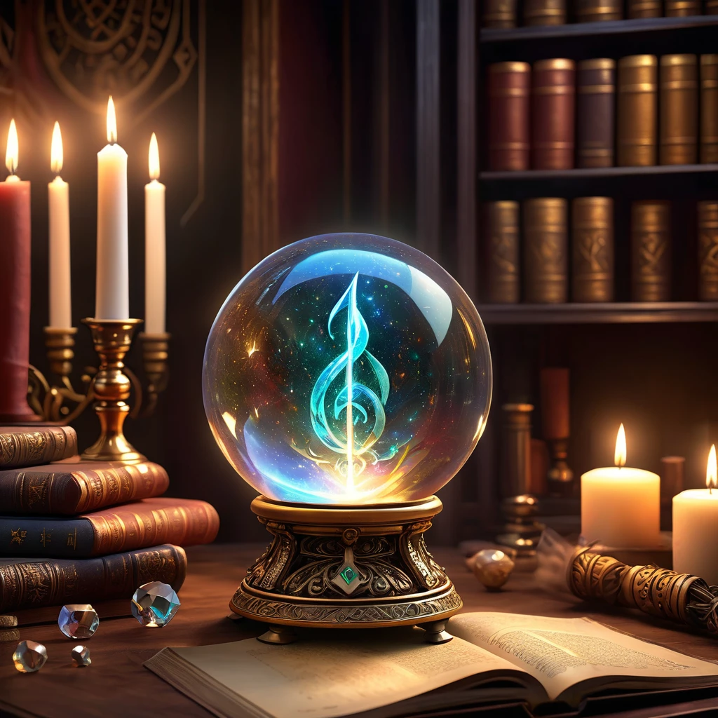 (background: ancient mystical chamber:1.2), (central focus: large, glowing crystal ball on ornate rune-covered stand:1.3), (character: wizard in shimmering robe with glowing patterns and hood:1.5), (pose: wizard with hands on crystal ball, eyes hidden, radiating magical power:1.6), (Accessories: floating candles, enchanted talismans, magical symbols in the air:1.2), (ambient details: soft ethereal light, dancing shadows, echoes of incantations:1.2), (environmental magic: swirling mists in crystal ball showing distant realms and visions:1.5), (additional elements: shelves with ancient tomes and artifacts, open spellbook with turning pages, glowing runes:1.3), (mystical atmosphere: sparks of magical energy, gentle hum of power, scent of rare herbs and incense:1.5), best quality, masterpiece, detailed soft oil painting, detailed background, dramatic cinematic lighting, soft edge lighting, professional, dramatic lighting, hard edge lighting, ultra quality, 4k, masterpiece, best quality, 8k, ultra high definition, high resolution, extremely detailed