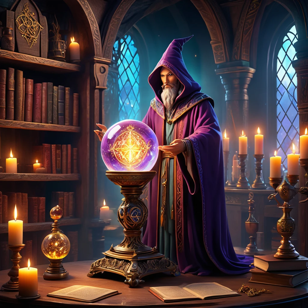 (background: ancient mystical chamber:1.2), (central focus: large, glowing crystal ball on ornate rune-covered stand:1.3), (character: wizard in shimmering robe with glowing patterns and hood:1.5), (pose: wizard with hands on crystal ball, eyes hidden, radiating magical power:1.6), (Accessories: floating candles, enchanted talismans, magical symbols in the air:1.2), (ambient details: soft ethereal light, dancing shadows, echoes of incantations:1.2), (environmental magic: swirling mists in crystal ball showing distant realms and visions:1.5), (additional elements: shelves with ancient tomes and artifacts, open spellbook with turning pages, glowing runes:1.3), (mystical atmosphere: sparks of magical energy, gentle hum of power, scent of rare herbs and incense:1.5), best quality, masterpiece, detailed soft oil painting, detailed background, dramatic cinematic lighting, soft edge lighting, professional, dramatic lighting, hard edge lighting, ultra quality, 4k, masterpiece, best quality, 8k, ultra high definition, high resolution, extremely detailed