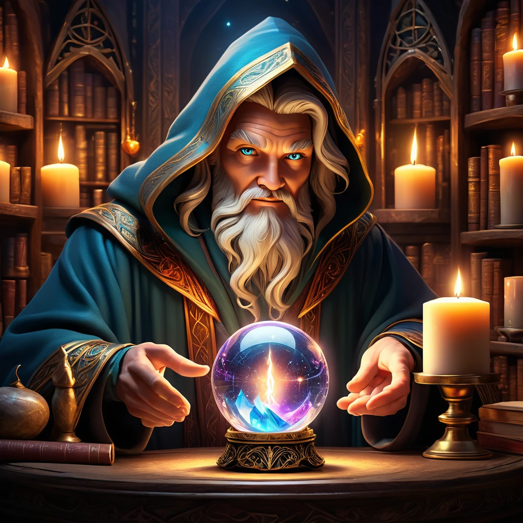 (background: ancient mystical chamber:1.2), (central focus: large, glowing crystal ball on ornate rune-covered stand:1.3), (character: wizard in shimmering robe with glowing patterns and hood:1.5), (pose: wizard with hands on crystal ball, eyes hidden, radiating magical power:1.6), (Accessories: floating candles, enchanted talismans, magical symbols in the air:1.2), (ambient details: soft ethereal light, dancing shadows, echoes of incantations:1.2), (environmental magic: swirling mists in crystal ball showing distant realms and visions:1.5), (additional elements: shelves with ancient tomes and artifacts, open spellbook with turning pages, glowing runes:1.3), (mystical atmosphere: sparks of magical energy, gentle hum of power, scent of rare herbs and incense:1.5), best quality, masterpiece, detailed soft oil painting, detailed background, dramatic cinematic lighting, soft edge lighting, professional, dramatic lighting, hard edge lighting, ultra quality, 4k, masterpiece, best quality, 8k, ultra high definition, high resolution, extremely detailed