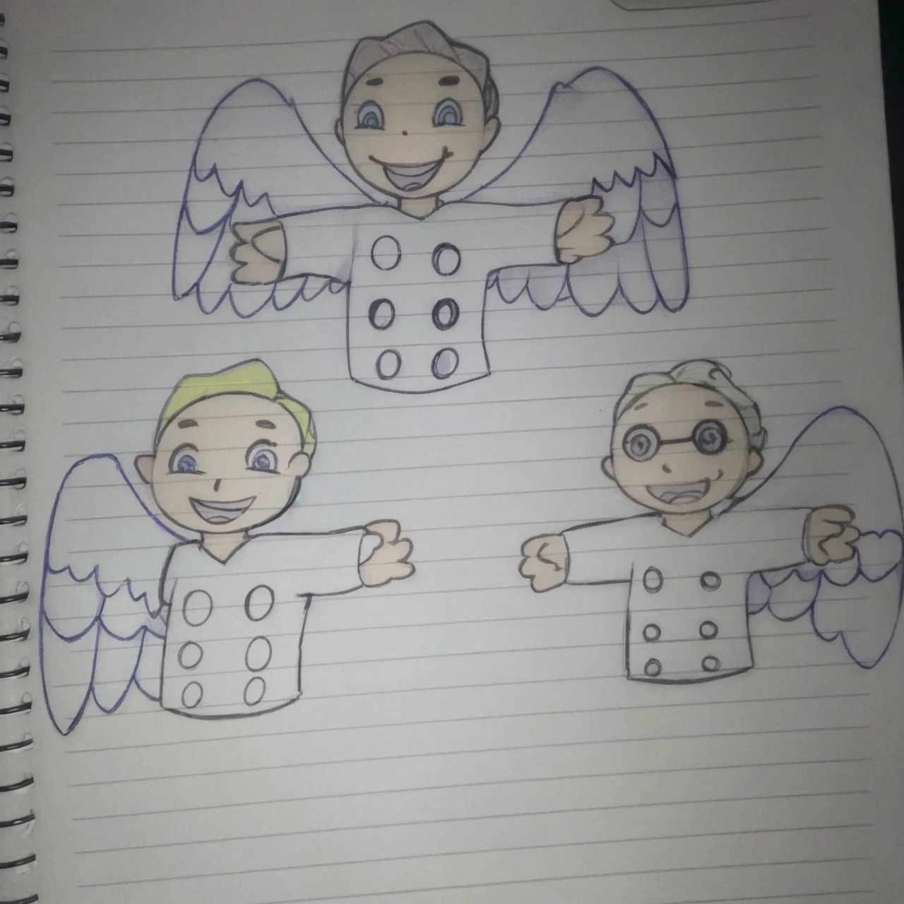 Three angels with disabilities and one with white shirts with circles 