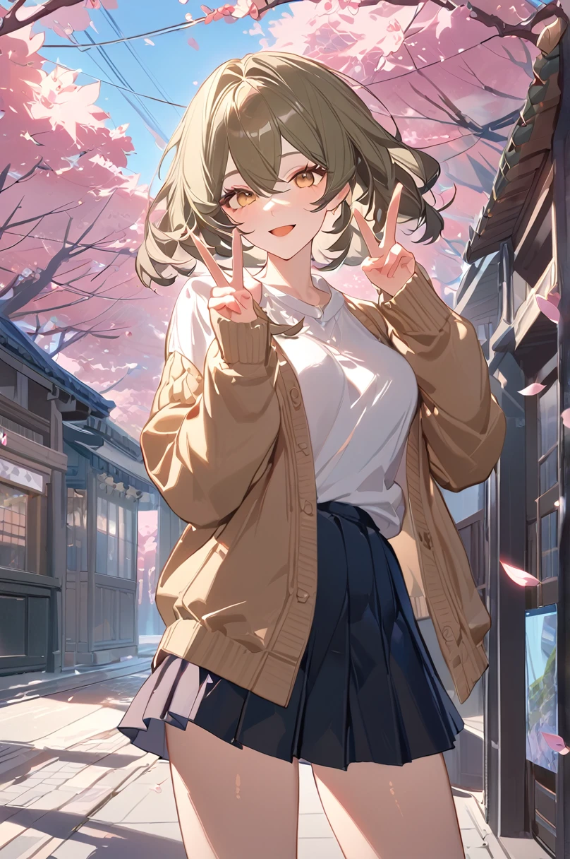 masterpiece, best quality, perfect features, intricate details, ray tracing, newest,(hitenkei, askzy:0.4), 1girl, chiori \(genshin impact\), solo, , white shirt, sweater, pleated skirt, light smile, double v, looking at viewer, smile, open mouth, outdoors, street, cherry blossoms, petals, depth of field
