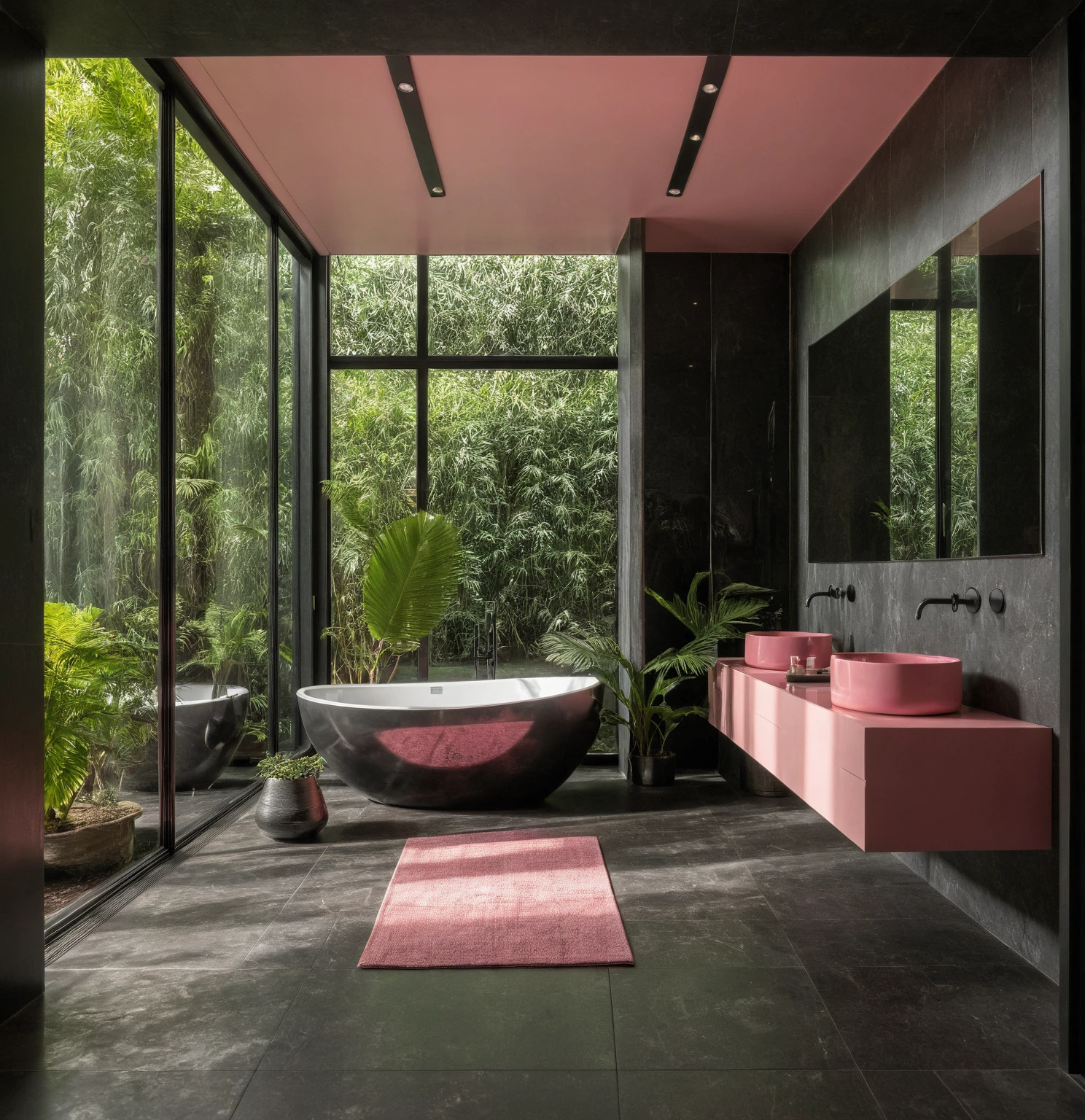 Raw photo,Masterpiece, high quality, best quality, authentic, super detail, interior, bathroom style modern, sunset, day light, window , overlooking tropical garden, ((black and pink tones)), bathtub, faucet, shower, lavatory, glass wall,  bottles, mirror, lavabo, cabinet