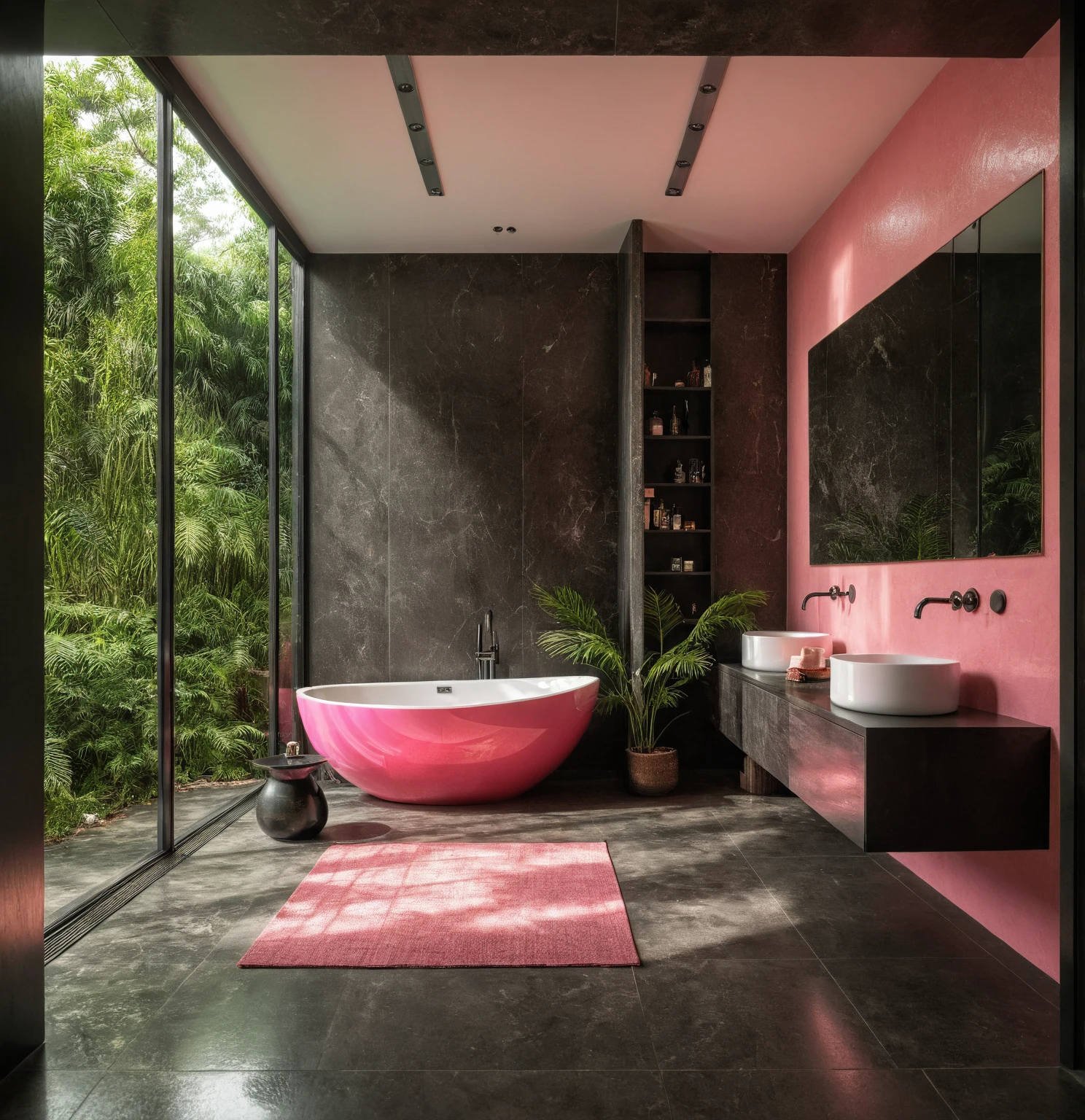 Raw photo,Masterpiece, high quality, best quality, authentic, super detail, interior, bathroom style modern, sunset, day light, window , overlooking tropical garden, ((black and pink tones)), bathtub, faucet, shower, lavatory, glass wall,  bottles, mirror, lavabo, cabinet