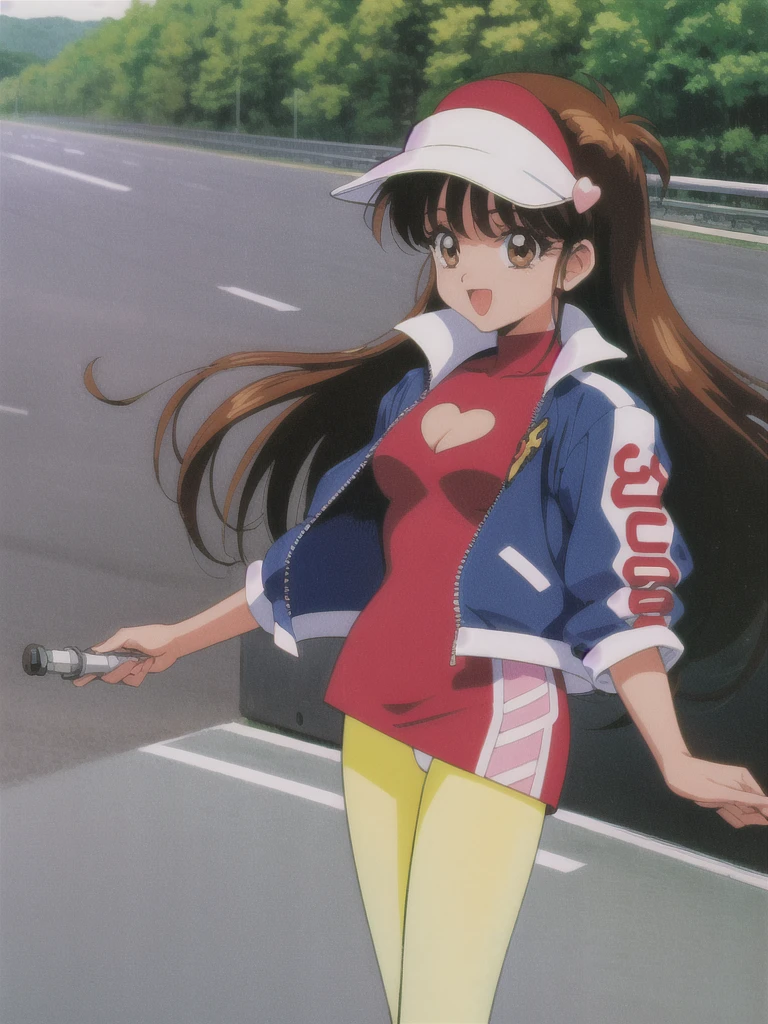 Assugodol, One girl, alone, Visor Cap, hair ornaments, Jacket, dress, pantyhose, Open your mouth, 1990s (style), smile, Cowboy Shot, Cleavage cutout, Race Queen, White pantie, Panty shot