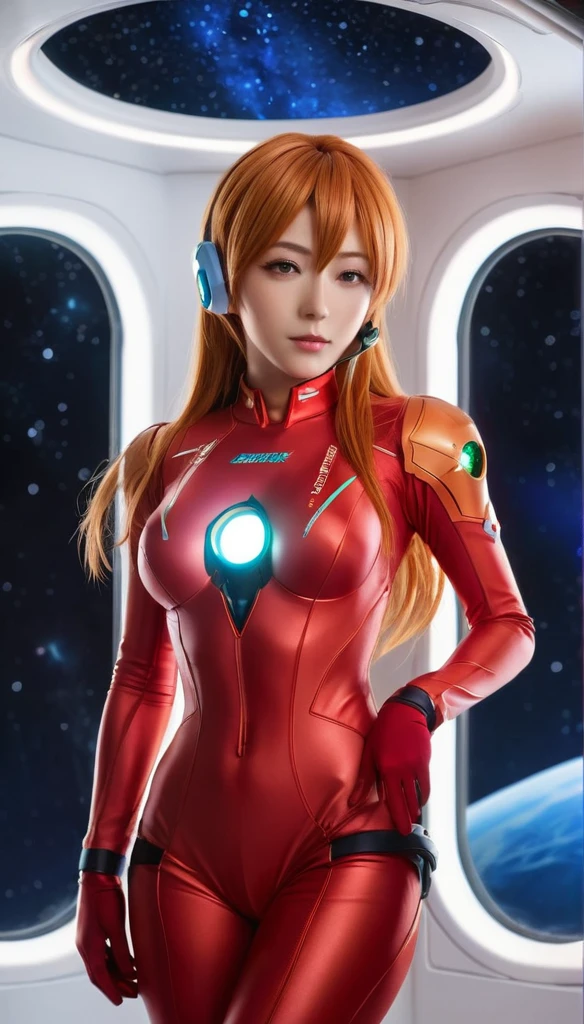 (俯瞰figure),Dynamic Angle,Super detailed, figure, close, Straight, One girl, 
 ((Soryu Asuka Langley, Interface Headset, Red bodysuit:1.4, blonde)),Her eyes shone like dream-like stars,(Glowing Eyes:1.233),(Beautiful and detailed:1.1),(Expressionless,Mouth closed),(Are standing), 
(In a white spaceship、Mechanic room with tools and spaceship window),
(night:1.2),dream-like, [[Delicate fingers and hands:0.55]::0.85],(Finger details),
