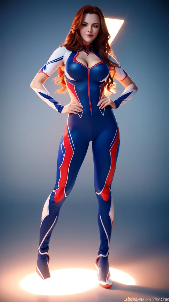 long red hair, There is a white spider symbol in the middle of the chest., spandex suit,skin to skin,Leotard, blue eyes,Sexy hourglass pose, big breasts, Highly detailed, Detailed image rendering, Ultra realistic irradiation, Cinematic lighting, Full body image standing with hands on hips smiling at the viewer.
