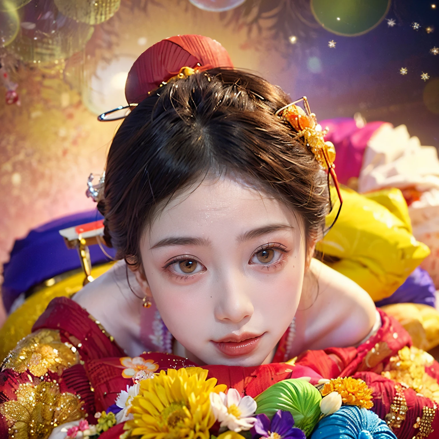 (PUNIPUNI clavicle KIMONO ((offshoulder)) KANZASHI FlowerHairpins Topknot TwinBun Oiran-Hair)High-level, 8K Masterpiece TopQuality, Ultra-detailed CG, Absurd detailed wallpaper, PerfectLighting, Extremely detailed (((Personifying " OIRAN " as a KAWAII Girl))), Characteristic Items, aesthetic LifeLike Rendering, MysticSight, Haze Tyndall Scattering, (Studio Dark Background with (Oodles Dazzling Iridescent 🌈Particles (BokeH))), (((Assfocus)) RoundlyButt) ThighGap, (Exposed:0.44) 🔞 BREAK (Acutance:0.8), (NOGIZAKA FaceVariations) Extremely Detailed very KAWAII FaceVariations, Childish CaptivatingGaze ElaboratePupils ParfectEyes with (SparklingHighlights:1.28), (Voluminous LongEyelashes:0.88), 💄💋✨ GlossyRedLips with BeautifulDetails, CoquettishTongue, PUNIPUNI RosyCheeks, Radiant PearlSkin with Transparency, Glowing DowneyHair . { (Dynamic LifeLike expressions:1.4) | (:d) }, (large eyes:-1) .