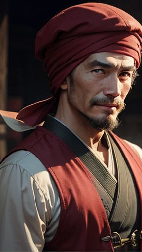 alone、Oriental、He wore a red vest over his kimono.、((Old Japanese man))、Highest quality、masterpiece、Ultra-high resolution、(Realistic:1.4)、Game Poster、Crisp and beautiful image quality、Sixtieth birthday man,He was wearing a thin, light beret made of red fabric that was large enough to puff out and hang down like a plain hood that covered his head loosely like a turban.、Smiling and looking at camera、