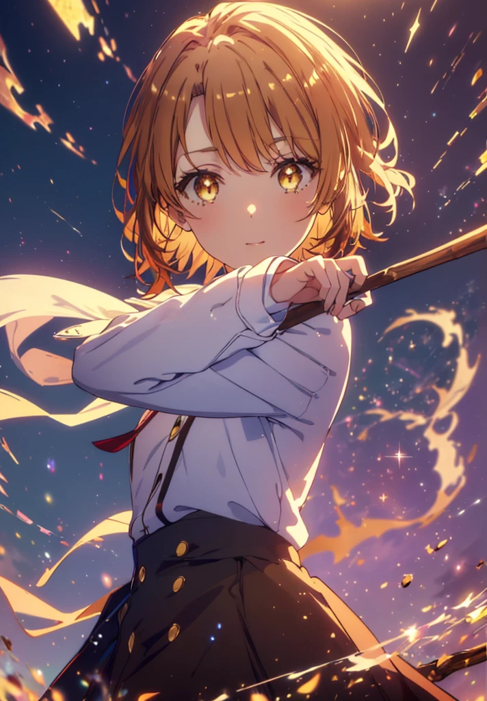 Irohaisshiki, isshiki iroha, short hair, Brown Hair, (Brown eyes:1.5), smile,Open your mouth,((Night Sky)),((Big full moon)),((Sparkling and colorful stars)),Fluffy hair,((Idol style costume with soft volume)),Long skirt,((witch)),He has a long stick with jewels on it.,
break outdoors, forest,forest
break looking at viewer,Upper Body,
break (masterpiece:1.2), Highest quality, High resolution, unity 8k wallpaper, (shape:0.8), (Narrow and beautiful eyes:1.6), Highly detailed face, Perfect lighting, Highly detailed CG, (Perfect hands, Perfect Anatomy),