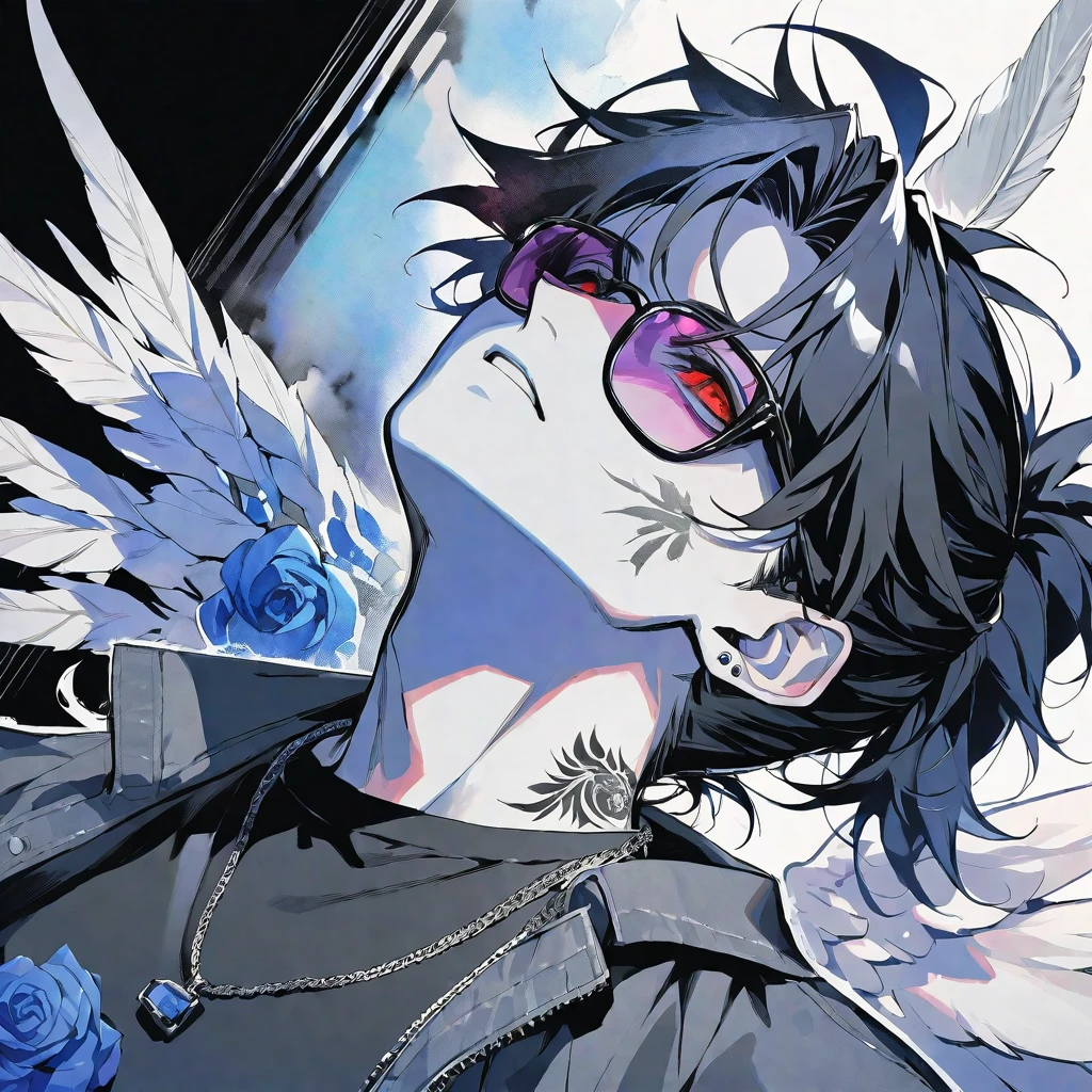 Solo,handsome, monochrome,watercolor,1 male, Ponytail, Braided black hair, red eyes, Gojo Satoru,Angel feather,ピアス,necklace
,casual,Blue Rose Tattoo,black Oversized court,Stylish,cool,Wear sunglasses around your neck,Void,look up,
blackbackground,İcon,Despise face up