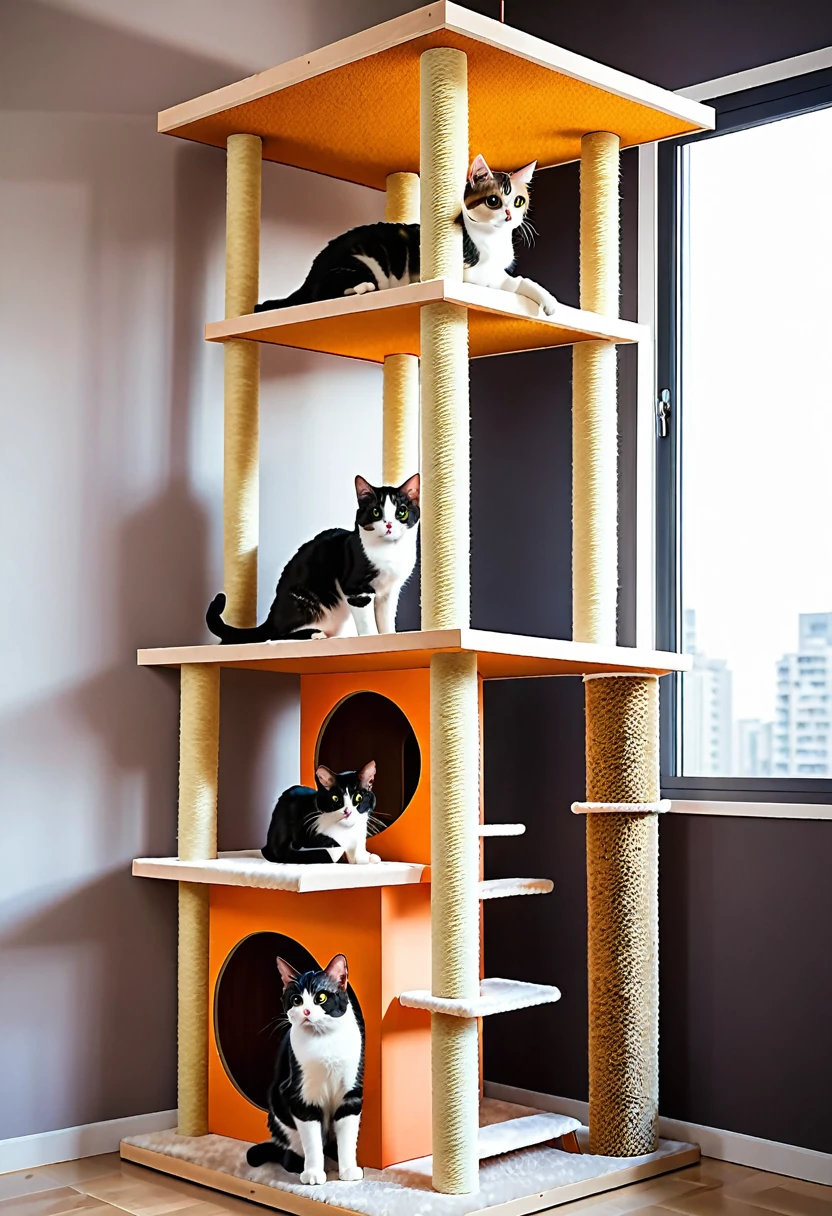 cat,cute cat,in room,cat tower,high quality,