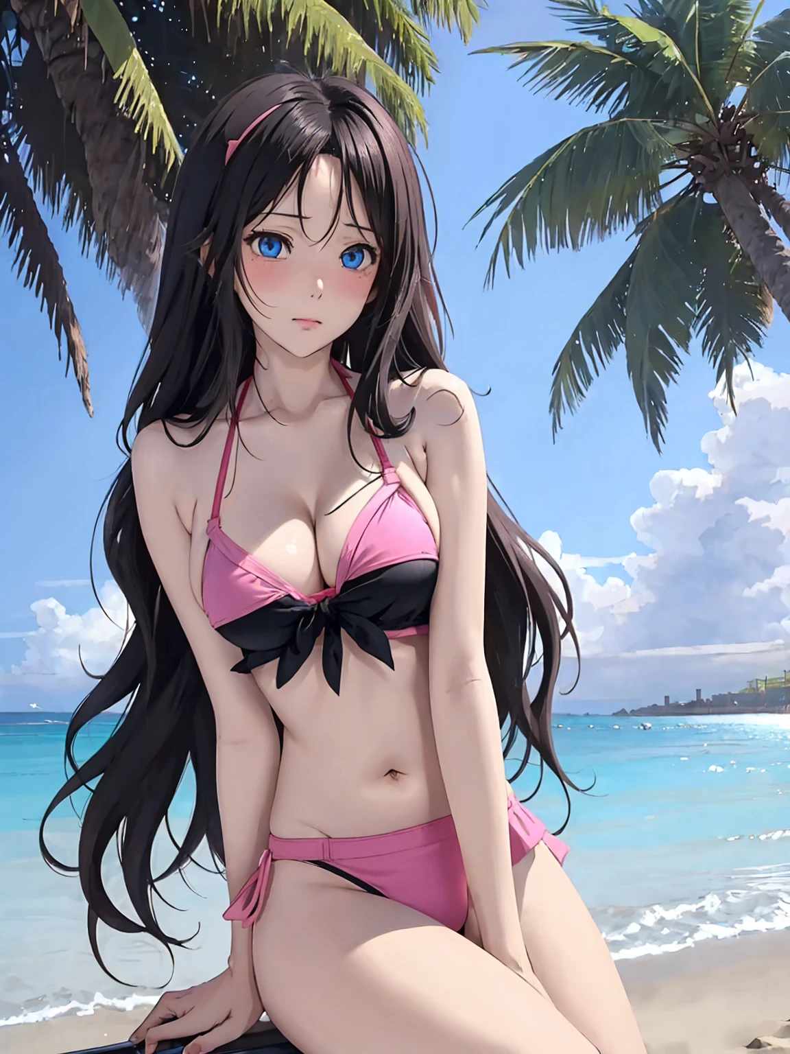 (This is a close-up shot of a young anime girl in a bikini on the beach:1.4),(solo:1.4),(1girl:1.4),(long black hair:1.3),(hazel eyes:1.2),(pink underwear top:1.3),(blue underwear bottom:1.2),(navel:1.1),(sitting on the beach:1.3),(palm trees in the background:1.2),(ocean in the background:1.2),(blue sky:1.1), (detailed face:1.3),(beautiful detailed eyes:1.3),(slightly parted lips:1.2),(shy embarrassed expression:1.3),(flushed cheeks:1.2),(slender body:1.2),(large breasts:1.3), (masterpiece:1.2),(best quality:1.3),(ultra high res:1.2),(photorealistic:1.1)
