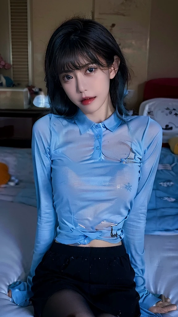 polo shirt、pantyhose/stockings、during、nsfw,revealing、Erect nipples、soaked、Bite、Erotic regime、Blue hair、Showing nipples、Navel Reveal、Beach