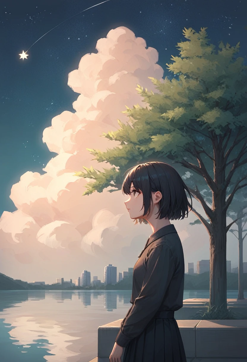 masterpiece, best quality, very aesthetic, absurdres, newest, 1girl, solo, short hair, bangs, skirt, black hair, looking up, long sleeves, jewelry, standing, outdoors, sky, cloud, medium hair, water, black footwear, tree, profile, night, building, star \(sky\), night sky, scenery, starry sky, upper body