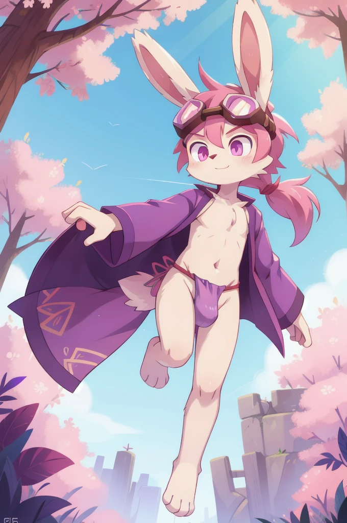 furry shota, rabbit, long rabbit ears, pink hair, long spiky ponytail, spiky hair, detailed body fur, pink eyes, ((purple kimono, open clothes, red fundoshi, goggles)), looking at you, white body fur, detailed face, big eyebrows, detailed eyes, detailed body, sakura forest, clear sky, detailed hands, flat body, glistering body, shiny body, skinny, spectacular effects, :3, perfect lighting, perfect shadows, perfect eyes, perfect hair, perfect face, gorgeous body, solo, full body, feets with three toes, 3 toes, score_9,score_8_up,score_7_up, source_cartoon, source_furry, glowing pink eyes, from above, motion blur, Birds Eye view, jump,