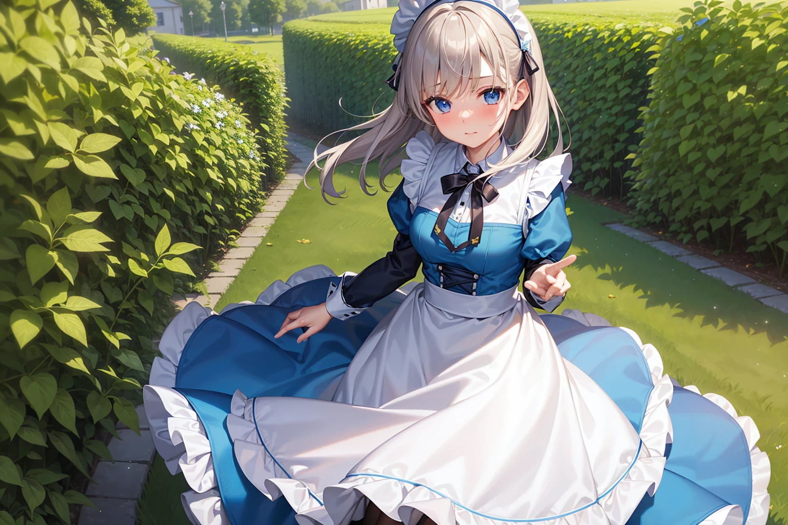 masterpiece, best quality,1girl, solo,whtie hair,medium hair,blue eyes,long sleeves,juliet sleeves,apron,maid,maid headdress,puffy sleeves,green dress,vest,buttons, white thighhighs,standing, looking at viewer, nose blush,
