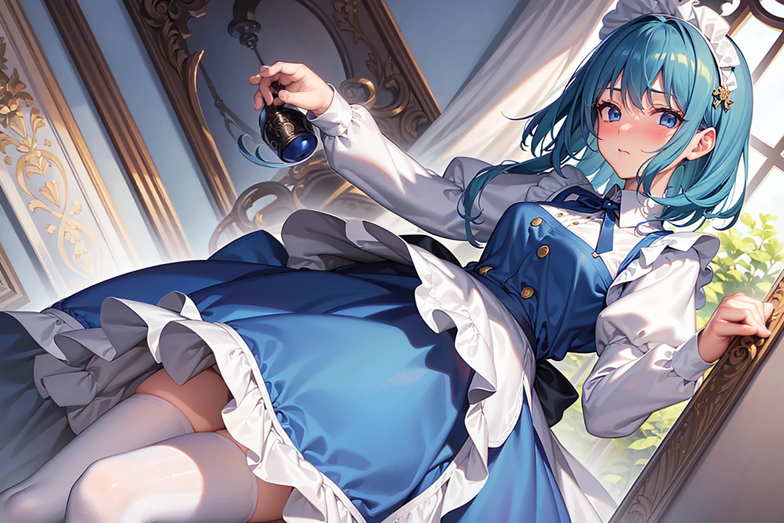 masterpiece, best quality,1girl, solo,whtie hair,medium hair,blue eyes,long sleeves,juliet sleeves,apron,maid,maid headdress,puffy sleeves,green dress,vest,buttons, white thighhighs,standing, looking at viewer, nose blush,