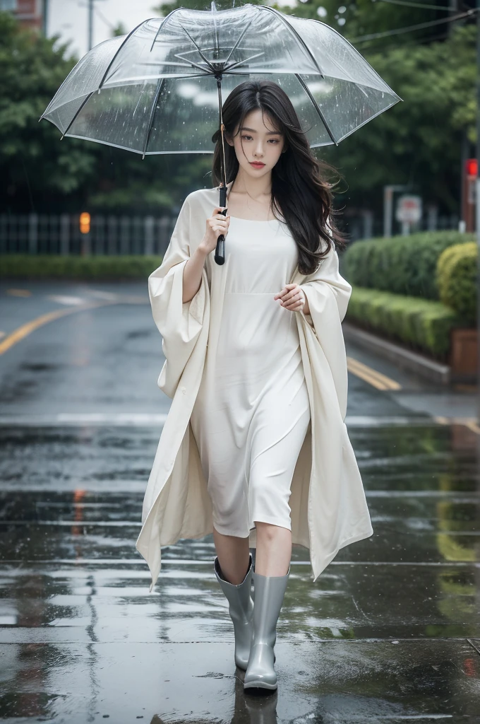 (((best quality))),(((ultra detailed))),(((masterpiece))),illustration,1girl, standing, alone, summer, night, rain, holding, rain umbrella, delicate, poised, long hair, tied back, simple, dress, slender figure, stylish, rain boots, damp, chilly, environment, dimly lit, streetlights, steady, heavy rain, dripping, empty, world, sad, withdrawn, expression, protected, memories, shared, umbrella, warm, cozy, eyes, meet, walking, forward, dreams, guide, walking, rain, joy, birthday celebrations, promises, lifetime, love, distant memory, raindrops, splash, pavement, alone, world, share, journey