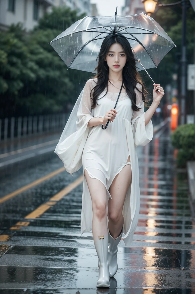 (((best quality))),(((ultra detailed))),(((masterpiece))),illustration,1girl, standing, alone, summer, night, rain, holding, rain umbrella, delicate, poised, long hair, tied back, simple, dress, slender figure, stylish, rain boots, damp, chilly, environment, dimly lit, streetlights, steady, heavy rain, dripping, empty, world, sad, withdrawn, expression, protected, memories, shared, umbrella, warm, cozy, eyes, meet, walking, forward, dreams, guide, walking, rain, joy, birthday celebrations, promises, lifetime, love, distant memory, raindrops, splash, pavement, alone, world, share, journey