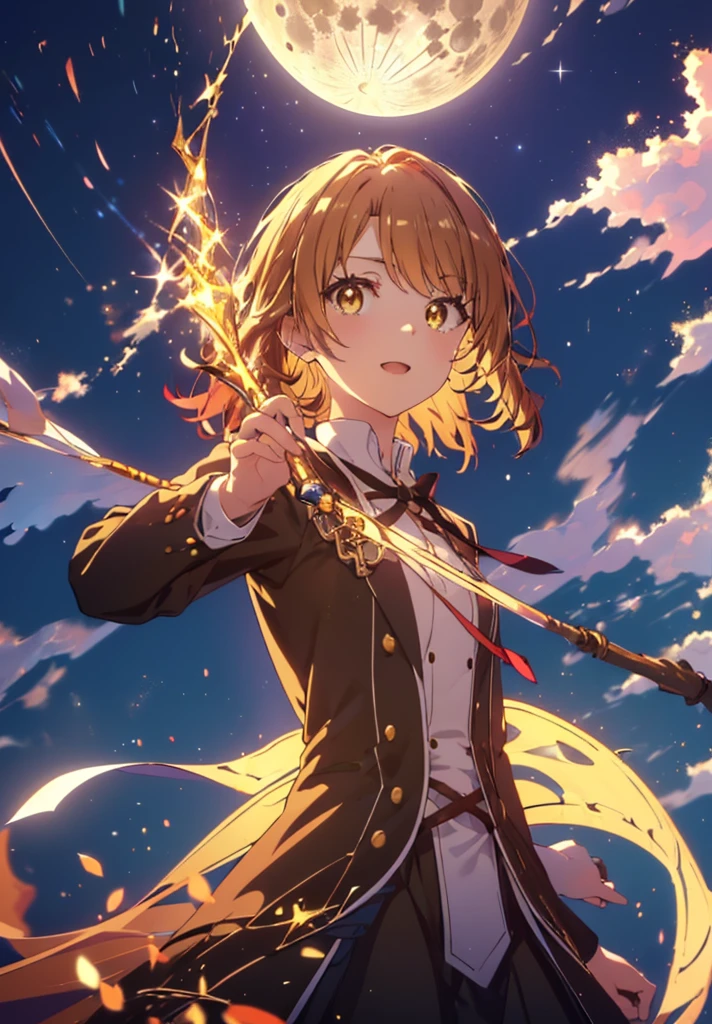 Irohaisshiki, isshiki iroha, short hair, Brown Hair, (Brown eyes:1.5), smile,Open your mouth,((Night Sky)),((Big full moon)),((Sparkling and colorful stars)),Fluffy hair,((Idol style costume with soft volume)),Long skirt,((witch)),He has a long stick with jewels on it.,
break outdoors, forest,forest
break looking at viewer,Upper Body,
break (masterpiece:1.2), Highest quality, High resolution, unity 8k wallpaper, (shape:0.8), (Narrow and beautiful eyes:1.6), Highly detailed face, Perfect lighting, Highly detailed CG, (Perfect hands, Perfect Anatomy),