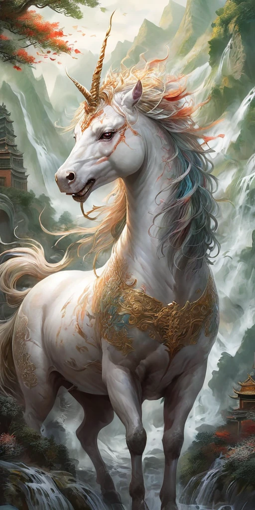 A high-resolution watercolor painting, rich in intricate details and steeped in Chinese culture. The focal point is a majestic and strong ((Chinese unicorn)), large and imposing, depicted with flowing mane and powerful stance. Surrounding the unicorn are elements of traditional Chinese art, including delicate floral patterns, ancient symbols, and ornate designs. The background is filled with lush landscapes, serene water bodies, and traditional Chinese architecture, all rendered with fine brushstrokes. The colors are vibrant yet harmonious, capturing the essence of the culture and the mythical creature in a realistic style.