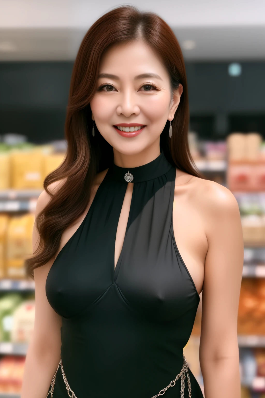  75 years old　mom　milf　Korean, Lady　large earring　Big choker　navel piercing decoration　A bracelet　Silver Hair　realisitic　Gorgeous Madame Beautiful Mature Woman　sexly　Smile　Gentle woman navel piercing　４K　High quality スーパーマーケット　groceries　dress　Gorgeous Madame Beautiful Mature Woman