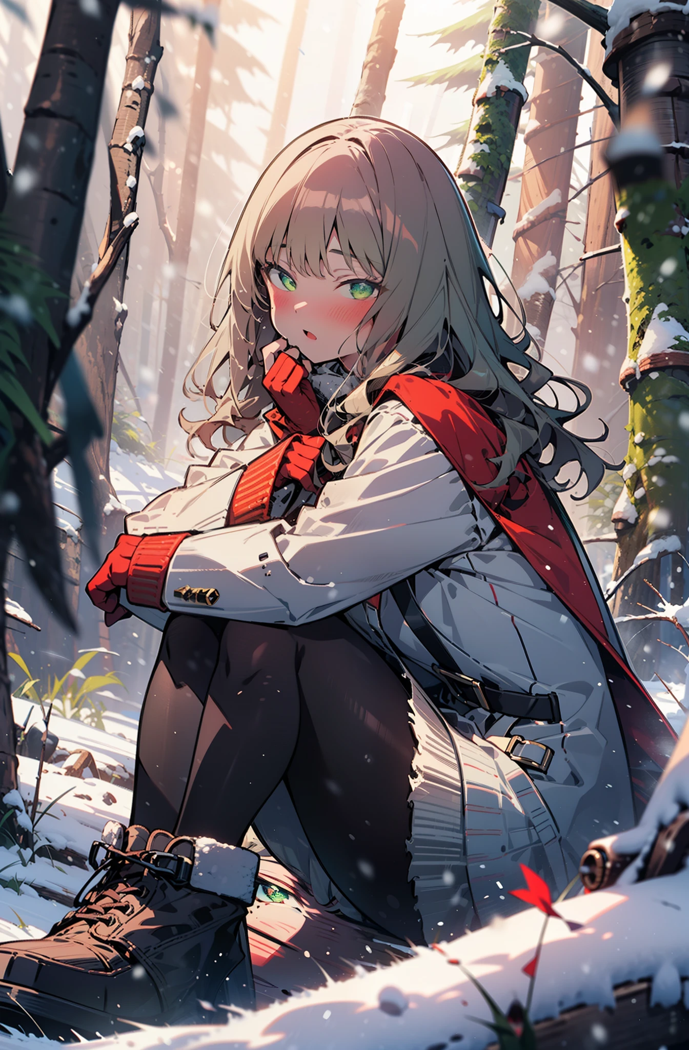 minami yume ,sss Dynazenon ,Long Hair, Brown Hair, (Green Eyes:1.5) ,blush,White Breath,
Open your mouth,snow,Ground bonfire, Outdoor, boots, snowing, From the side, wood, suitcase, Cape, Blurred, forest, White handbag, nature, Squat, Mouth closed, Cape, winter, Written boundary depth, Black shoes, red Cape break looking at viewer, Upper Body, whole body, break Outdoor, forest, nature, break (masterpiece:1.2), Highest quality, High resolution, unity 8k wallpaper, (shape:0.8), (Beautiful and beautiful eyes:1.6), Highly detailed face, Perfect lighting, Highly detailed CG, (Perfect hands, Perfect Anatomy),