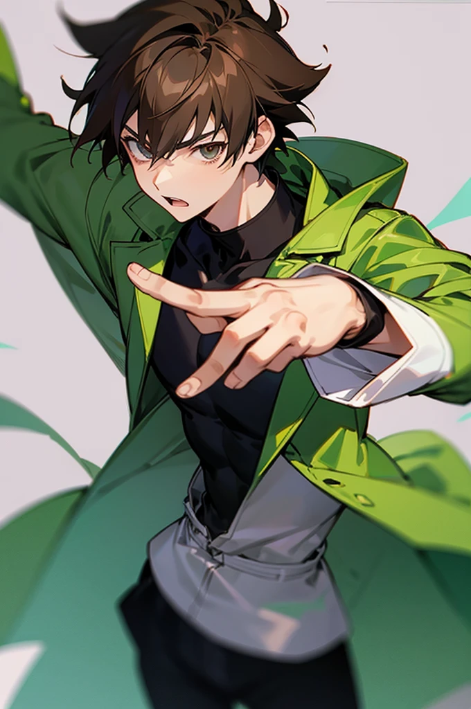 anime boy with a heart shaped sticker in his hand, Use your index finger, anime boy, Sola, Makoto, Inspired by Yamagata Hiroshi, Anime Lovers, Produced in collaboration with Anime Painter Studio, Anime style, high quality Anime art style, Young anime man, High-quality fanart, Anime style, Anime art style, From Kingdom Hearts, Inspired by Kuncan，Brown hair，Green coat