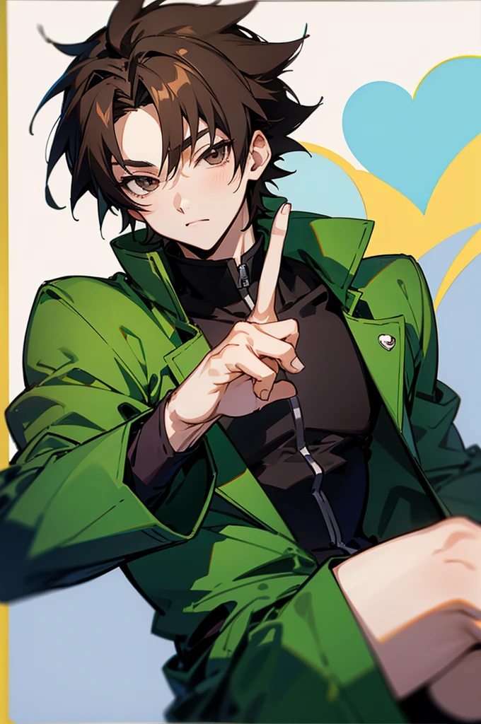 anime boy with a heart shaped sticker in his hand, Use your index finger, anime boy, Sola, Makoto, Inspired by Yamagata Hiroshi, Anime Lovers, Produced in collaboration with Anime Painter Studio, Anime style, high quality Anime art style, Young anime man, High-quality fanart, Anime style, Anime art style, From Kingdom Hearts, Inspired by Kuncan，Brown hair，Green coat