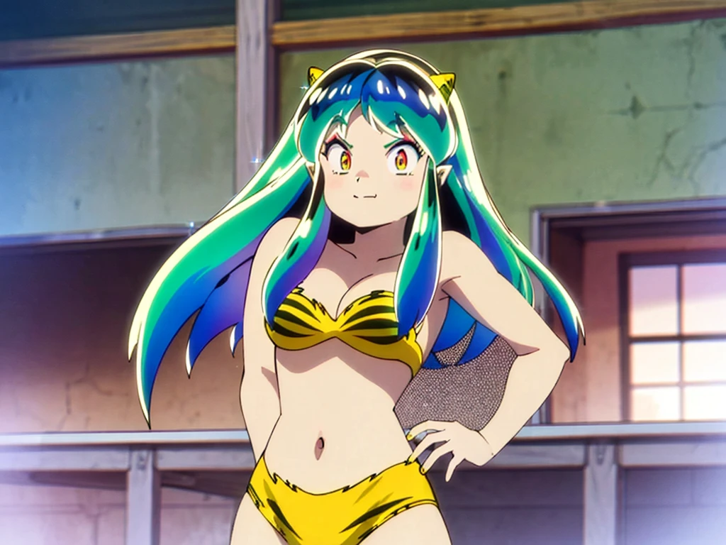 Tabletop, Highest quality, Ultra-high resolution, Highest quality, Anime Style, Alien Girl, They are, , Attractive girl, Long Green Hair, Yellow horn, Ram, Ram_Bikini, Yellow tabby bikini, A carefree smile, Animated facial expressions, Face Focus, close