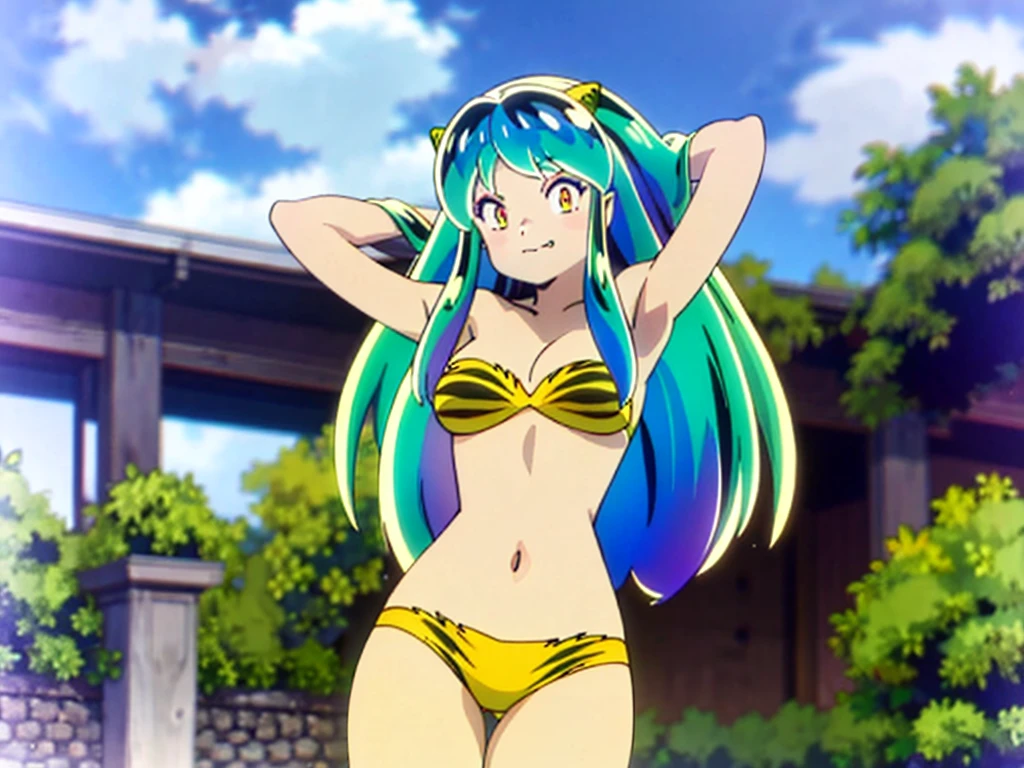 Tabletop, Highest quality, Ultra-high resolution, Highest quality, Anime Style, Alien Girl, They are, s old, Attractive girl, Long Green Hair, Yellow horn, Ram, Ram_Bikini, Yellow tabby bikini, A carefree smile, Animated facial expressions, Face Focus, close