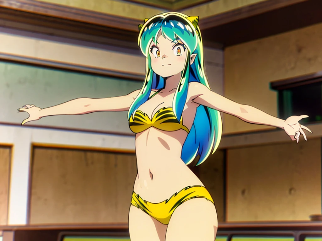Tabletop, Highest quality, Ultra-high resolution, Highest quality, Anime Style, Alien Girl, They are, , Attractive girl, Long Green Hair, Yellow horn, Ram, Ram_Bikini, Yellow tabby bikini, A carefree smile, Animated facial expressions, Face Focus, close