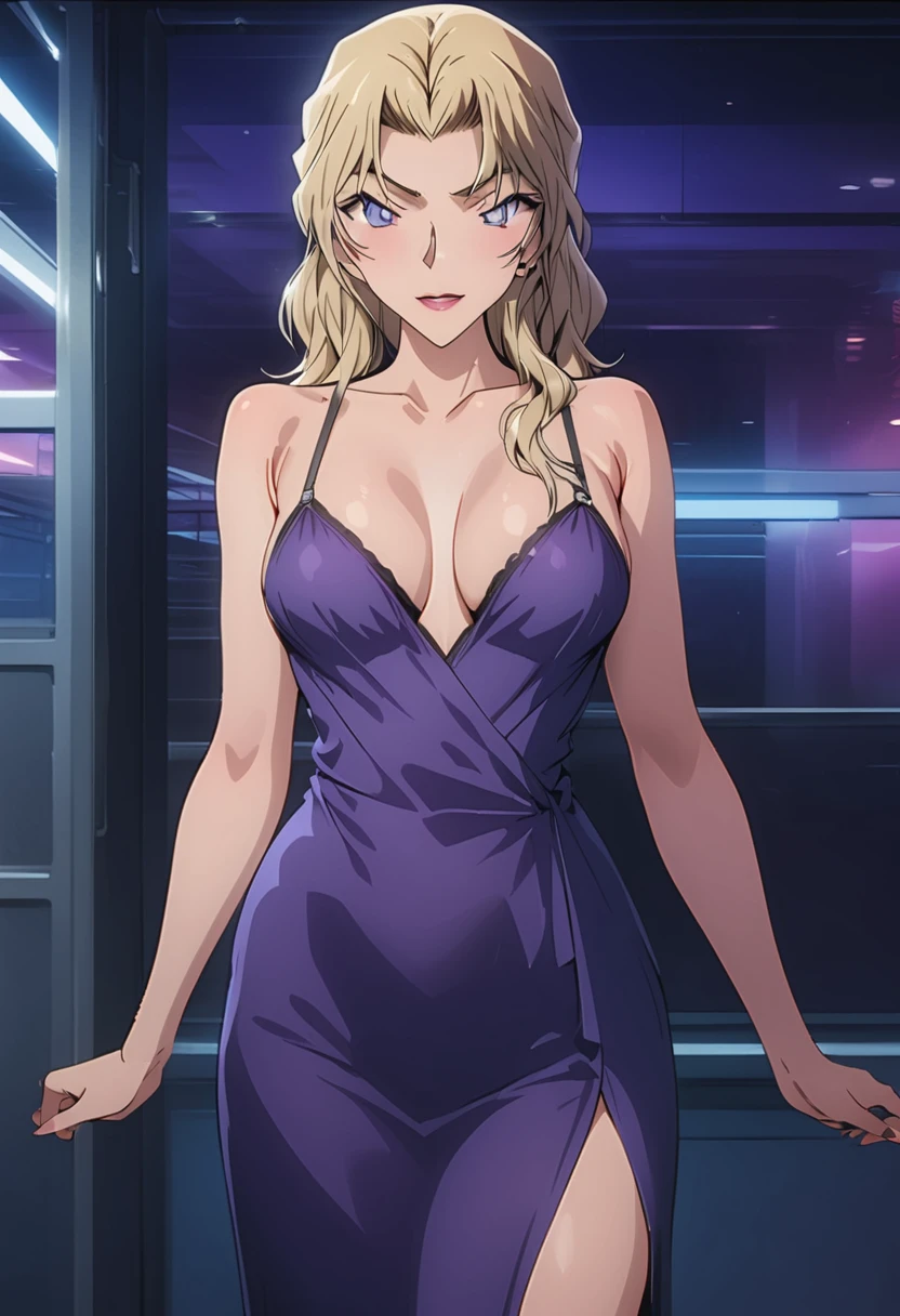 （best quality,masterpiece,blond hair,Purple evening dress：1.4），Perfect body,full-body shot,Cool poster