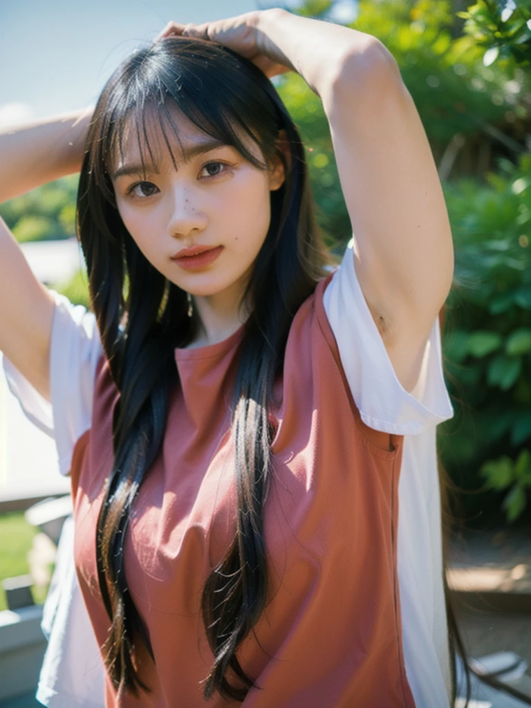 (best quality:1.4), (ultra highres:1.2), (photorealistic:1.4), (8k, RAW photo:1.2),(portrait shot:1.3), bmangpor, 1girl, solo, long hair, brown hair, upper body, armpits, arm up, red shirt, 