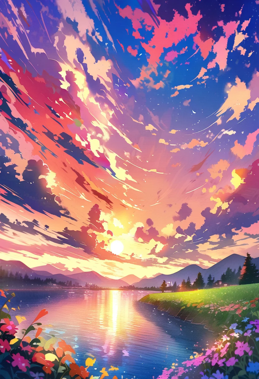 Have a beautiful sunset, The hills are covered with flowers and plants., The flowers are approaching, Colorful sky, Surreal colors, Colorful sunset, Colorful sky, Beautiful skyの反射, Beautiful sky, Fantastic atmosphere 8K, Multicolored clouds, Colored reflections on the lake, Unreal sky, Red and blue reflections, Fire Reflection, Beautiful sky, Beautiful and spectacular sunset, Beautiful dream landscape, Beautiful sky
