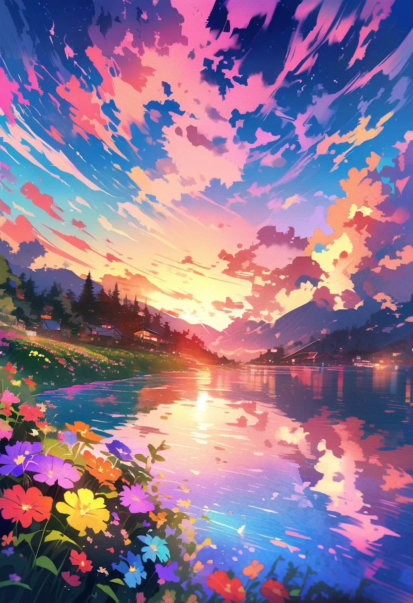 Have a beautiful sunset, The hills are covered with flowers and plants., The flowers are approaching, Colorful sky, Surreal colors, Colorful sunset, Colorful sky, Beautiful skyの反射, Beautiful sky, Fantastic atmosphere 8K, Multicolored clouds, Colored reflections on the lake, Unreal sky, Red and blue reflections, Fire Reflection, Beautiful sky, Beautiful and spectacular sunset, Beautiful dream landscape, Beautiful sky