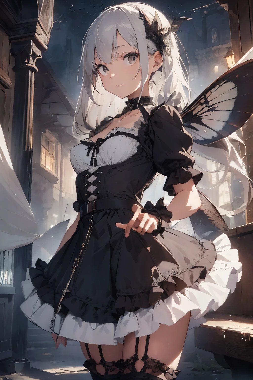  ((best quality)), ((masterpiece)), (detailed), 1girl, NSFW, long white grey hair, grey white eyes, very skinny, detailed, best quality, prominent collarbones, skinny arms, flat stomach, visible hip bones, small breasts, full body, red and white clothing, occult aesthetic, occult, detailed and intricate steampunk and detailed gothic, NSFW, Fluttering lace flared long knee length dress with frilly petticoats, knee length dress, pleated petticoats, petticoats gothic, complex lace boots, gothic aesthetic, wielding a mighty sword with mechanical components, mandalas, small breasts, a fairy, various different types of insect wings, bug wings, beetle wings, NSFW, full body, whole body, body, chains, 