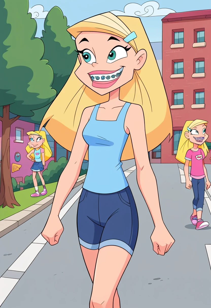 score_8, score_9, sharon, long hair, blonde hair, hairclip, smile, braces, 1 girl, solo, walking on the streets,