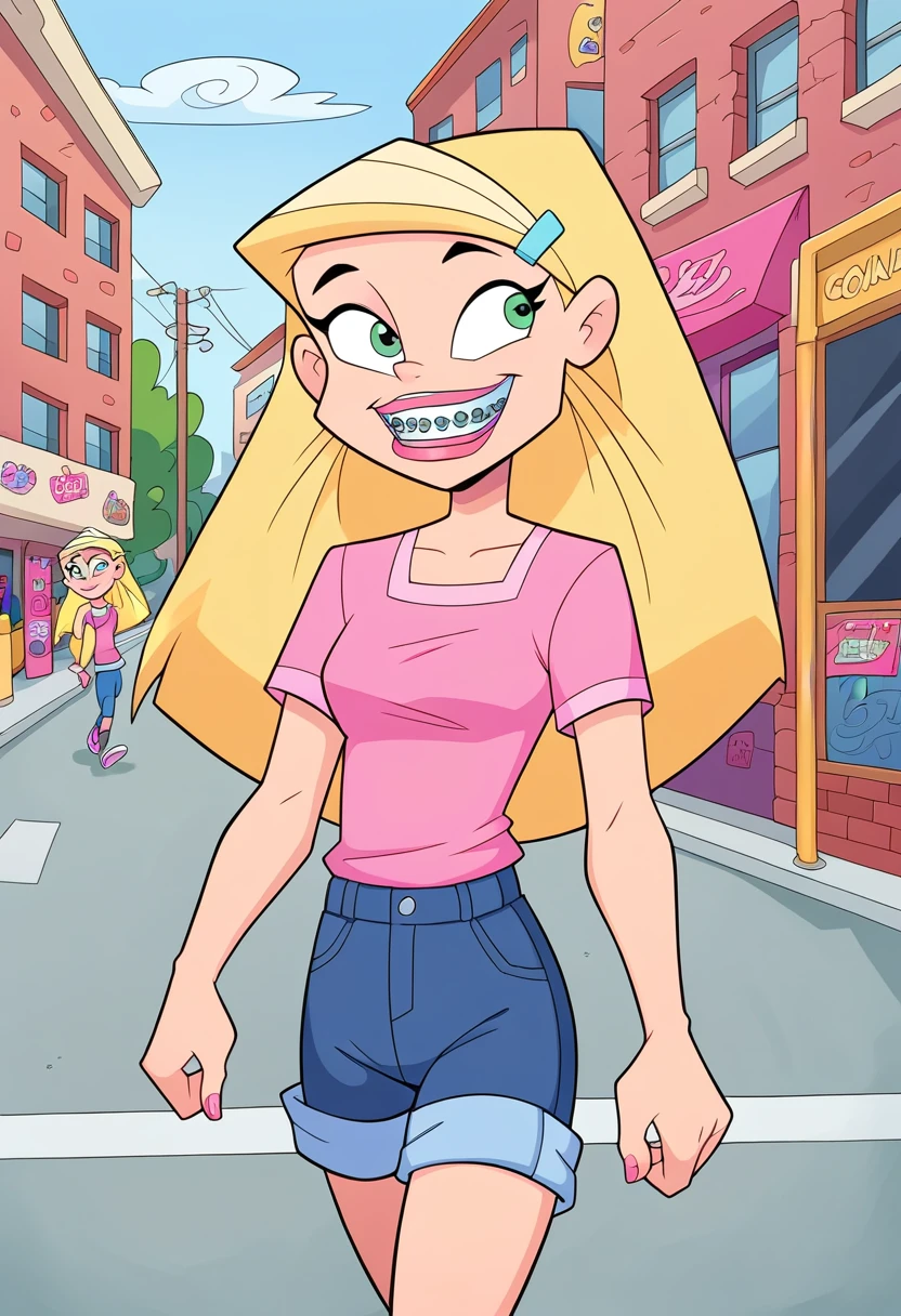 score_8, score_9, sharon, long hair, blonde hair, hairclip, smile, braces, 1 girl, solo, walking on the streets,