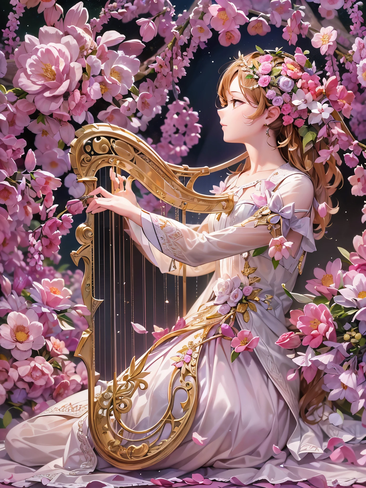 ((Highest quality)),(Ultra-high resolution),(Ultra-detailed new),(Detailed Description),((The best CG)),(masterpiece),Highly detailed art,A wonderful new art form,(Art with precise details:1.5), harp:1.3,flower:1.3,gem:1.3,ribbon:1.1,Exquisite carving:1.3