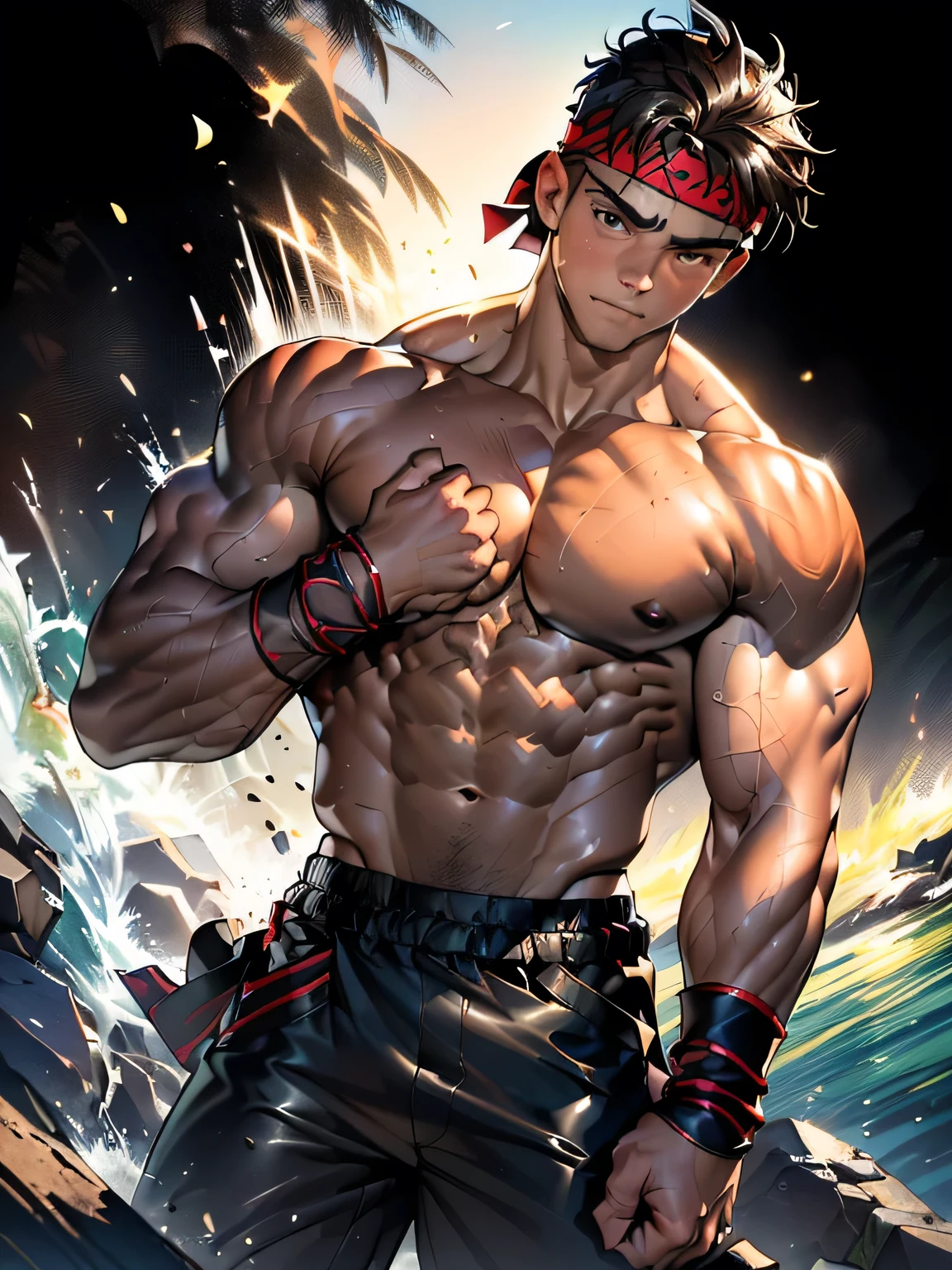 (Masterpiece, Best quality 19 year old boy, black background, cowboy shot, looking away), solo, Young, boy, muscler, Shirtless, topless, (Dark Short straight hair, almost completely shaved hair, under cut, brown eyes), (red headband, ((leather fingerless grobe, black wristband))), ((hot Abs:1.2, big breast:1.2, upper arms, jacked muscle, beautiful musculature, aesthetic striations, inspirational physique, lean muscle, square pecs, beautiful v-taper, great abs and torso), Vivid colors, detailed face, detailed muscle, (((rippling muscles, fighting pose, struggle, combats, ready to action)))