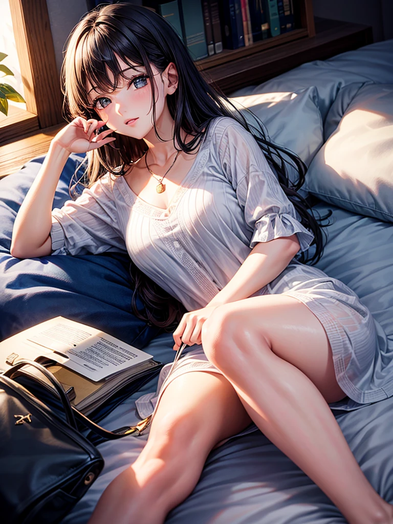 Highest quality,Highest Resolution,1Beautiful girl of the person,Get in bed and use your cell phone,sleep,holding a mobile phone in hand,