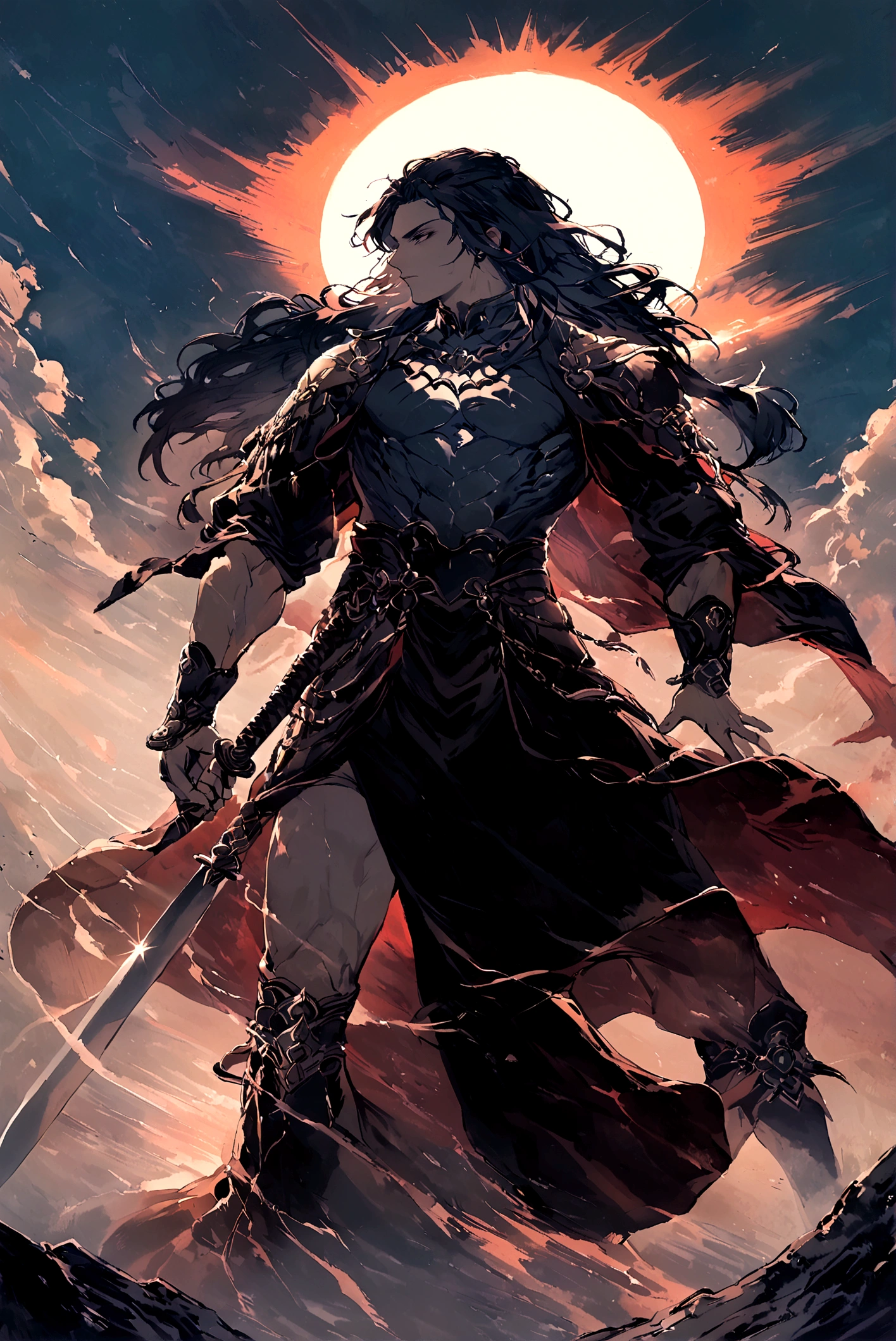 The god of the sun and darkness (posing holding a sword covered in an aura of darkness and the sun with long hair ,man Strong