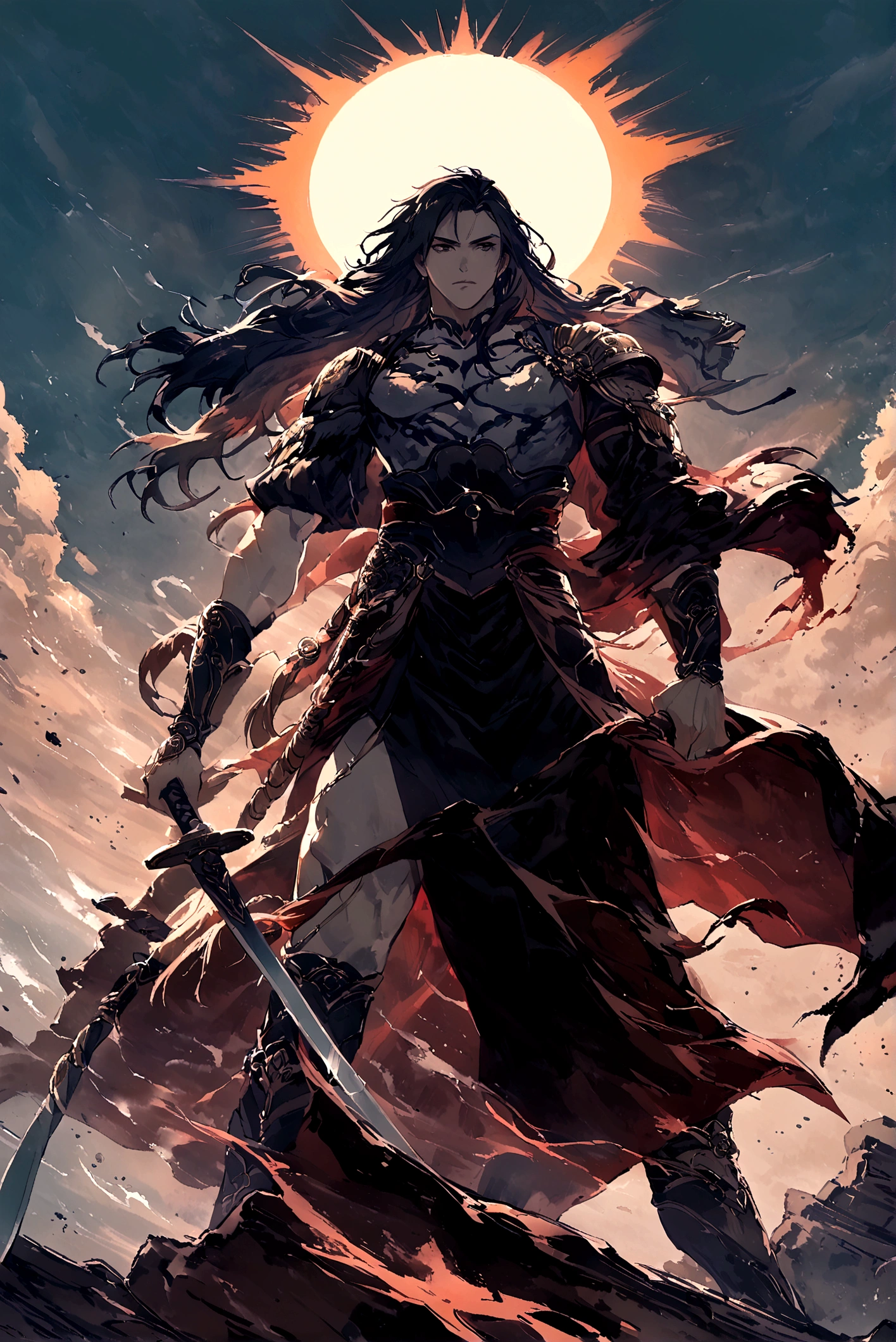 The god of the sun and darkness (posing holding a sword covered in an aura of darkness and the sun with long hair ,man Strong