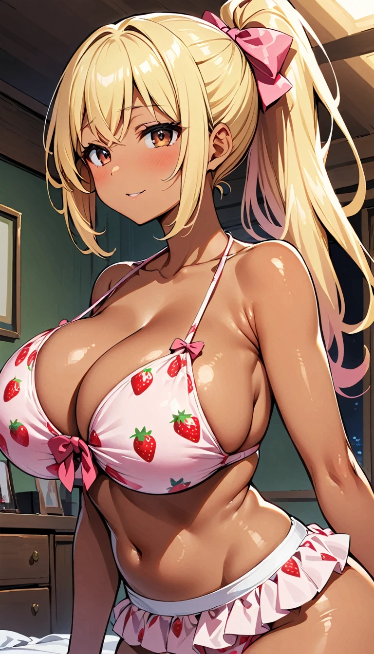 tan girl , HUGE titties , strawberry pattern pink bikini, ponytail, pink bow in the hair , blonde hair , brown eyes , in the bedroom