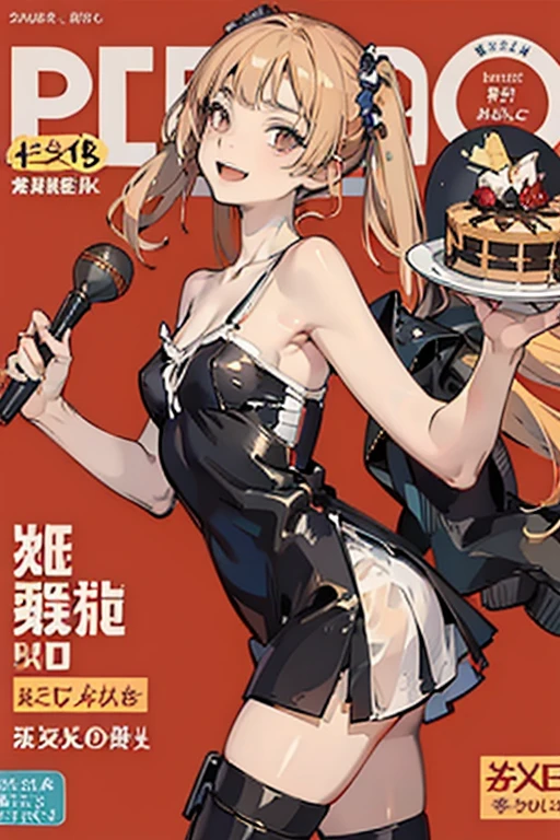 (small breasts:1.2), (perky chest:1.2), (pointed chest:1.2), (Pudding cake magazine cover:1.3),(from above:1.0),(shoot from the side:1.1),masterpiece, 1girl, Amazing Cleavage:1.1, thin waist, optimum,tmasterpiece,hight resolution,best qualtiy,hyper HD,super detailing,awardwinning,a 18yo cute girl,(The upper part of the body),anatomy correct,Beautiful Black miniskirt,garters,Gaze,Small face,bangss,holster,Beautuful Women,hands up,leg holster,Gaze,black boots,Cowboy Shot,cute face,a blond,Longhaire,Twin-tailed,Braids, Hairline,(scarlet eyes),long eyelasher,Hanging eye corners,White skin of the, ((see through camisole:1.1)), ((Sheer nipples:1.0)),Rocket Tits,(Slim body),smile,seductive weak smiling,(with sparkling eyes and a contagious smile),little open mouth, Looking at Viewer,
