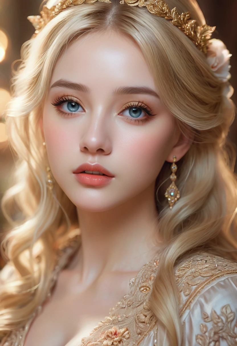a beautiful girl,blonde hair,extremely detailed face and eyes, long eyelashes, beautiful detailed lips, 1girl, portrait, fantasy, digital painting, ethereal, soft lighting, warm colors, cinematic, highly detailed, intricate, ornate, elegant, delicate, serene, dreamlike, breathtaking, stunning, exquisite, masterpiece