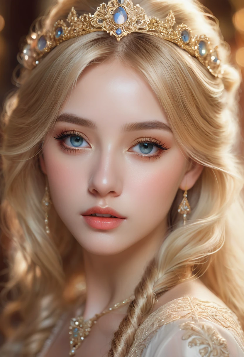 a beautiful girl,blonde hair,extremely detailed face and eyes, long eyelashes, beautiful detailed lips, 1girl, portrait, fantasy, digital painting, ethereal, soft lighting, warm colors, cinematic, highly detailed, intricate, ornate, elegant, delicate, serene, dreamlike, breathtaking, stunning, exquisite, masterpiece